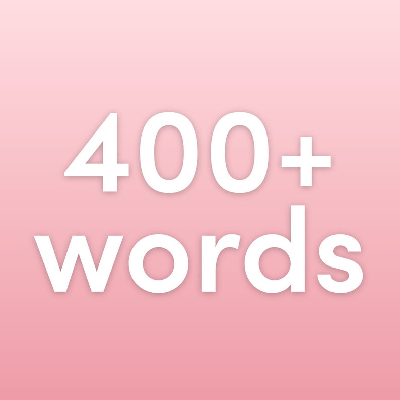 Puede incluir: Texto blanco sobre fondo rosa que dice "400+ palabras".