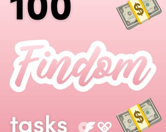 May include: Pink background with the text "100 Findom tasks" in white.  Two images of stacks of money with a dollar sign on the top of each stack.