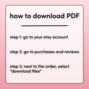 Puede incluir: Un cuadro de texto blanco con borde negro sobre un fondo rosa. El texto dice "how to download PDF" con una l&iacute;nea debajo. El texto contin&uacute;a con tres pasos sobre c&oacute;mo descargar un PDF de Etsy: 1. Ve a tu cuenta de Etsy. 2. Ve a compras y rese&ntilde;as. 3. Junto al pedido, selecciona "descargar archivos".
