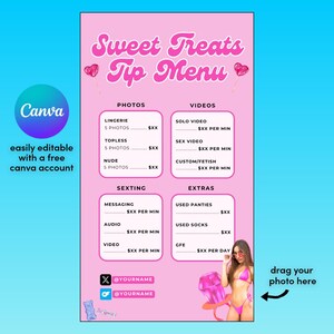 May include: A pink "Sweet Treats Tip Menu" graphic with text for photos, videos, sexting, and extras. The Canva logo is in the upper left corner. A woman in a pink bikini is on the right side of the image.