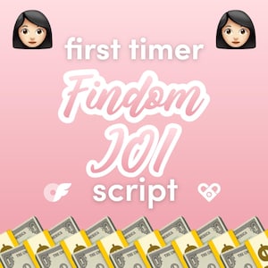 May include: A pink background with the text "first timer Findom 201 script" in white. There are two cartoon female faces on either side of the text. The bottom of the image is filled with stacks of US dollar bills.