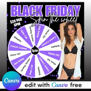 Puede incluir: Imagen promocional del Black Friday con un juego de la ruleta que ofrece varios servicios para adultos. La ruleta es morada y blanca, con opciones como "Video Call" y "Photo Set". Una mujer está en la imagen.