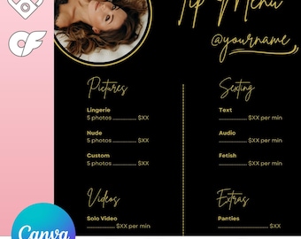 DIY OnlyFans Tip Menu Canva Template - Solo content creator, Fansly, editable instant digital download, LoyalFans tipping, black and gold