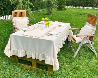 Linen Ruffled Tablecloth, Square Tablecloth, Rectangular Rustic Linen Table Cloth with Ruffles