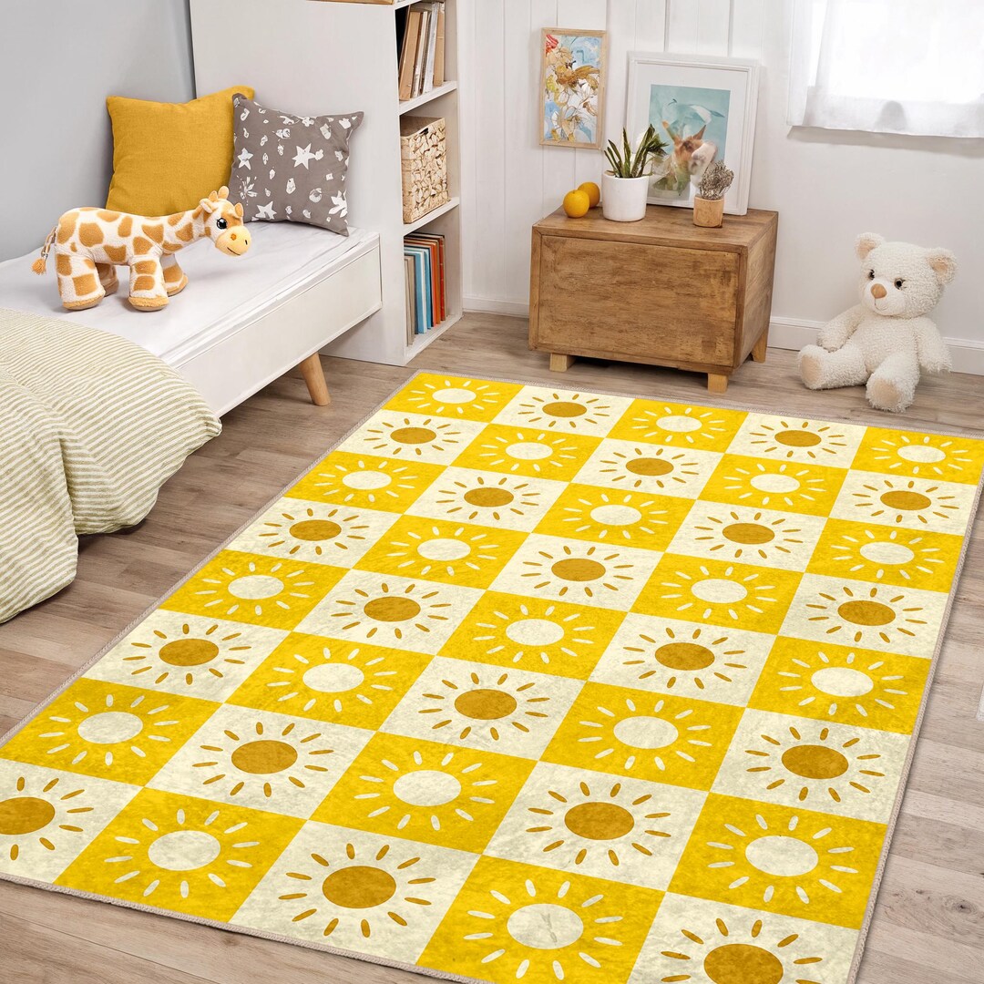 Checkered Sun Kids Rug, Retro Yellow Sunshine Nursery Decor ...