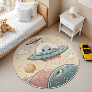 Alfombra redonda para niños con diseño de extraterrestre espacial, con temática de galaxia y ovni, ideal para guardería, sala de juegos infantil, decoración circular con temática de planetas.
