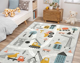 Construction Theme Kids Play Mat, Trucks and Diggers Nursery Rug, Scandinavian Car Rug for Toddler Room, Modern Boys Room Decor