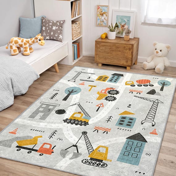 Construction Theme Kids Play Mat, Trucks and Diggers Nursery Rug, Scandinavian Car Rug for Toddler Room, Modern Boys Room Decor