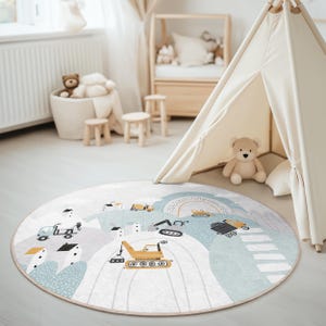 Runder Kinderteppich, Kinderzimmerbereich mit Bagger Bulldozer LKW-Muster, Spielzimmer Bodenmatte, Baby Jungen Raum Dekor