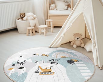 Construction Vehicles Round Kids Rug, Nursery Area Carpet with Excavator Bulldozer Truck Pattern, Playroom Floor Mat, Baby Boy Room Decor