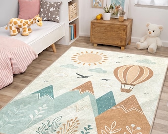 Mountain Adventure Kids Area Rug - Hot Air Balloon Nursery Decor - Nordic Landscape Toddler Room Carpet - Boho Nature Playroom Floor Mat