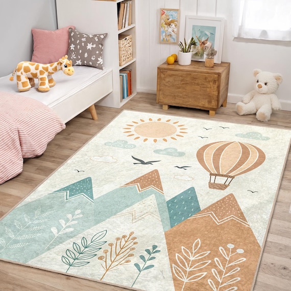Mountain Adventure Kids Area Rug Hot Air Balloon Nursery Decor