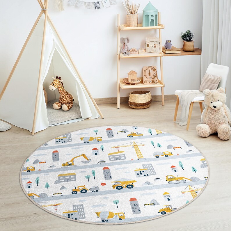 Construction Vehicles City Round Kids Rug, Yellow Trucks & Crane Design ...