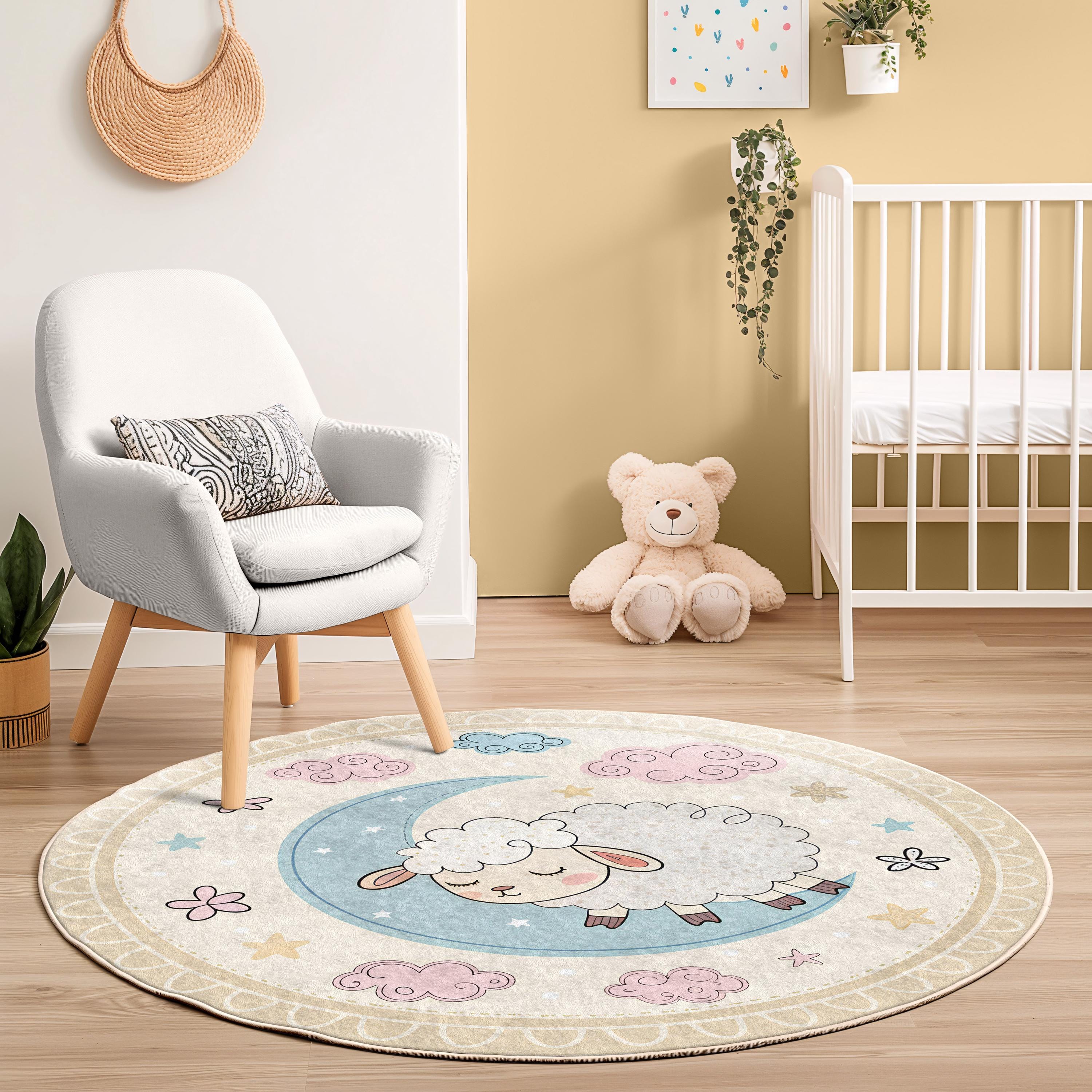 Baby Sleep Rug Sleeping Lamb Kids Round Rug - Moon and Stars Nursery Carpet - Soft ...