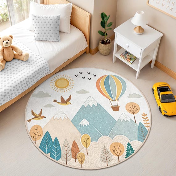 Whimsical Hot Air Balloon Round Rug for Kids Room, Mountain Scene Nursery Mat, Nature Theme Playroom Decor, Baby Shower Gift & Toddler Rug