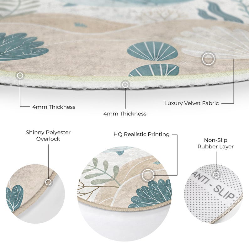 Whimsical ocean design rug with cheerful marine creatures, offering a comfortable and safe play surface for active children.