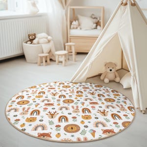 Waldtiere Teppich | Regenbogen Runder Teppich für Babyzimmer | Löwe Fuchs Reh Hase Kinderzimmer Dekor | Niedliche Safari Kinderzimmer Bodenmatte