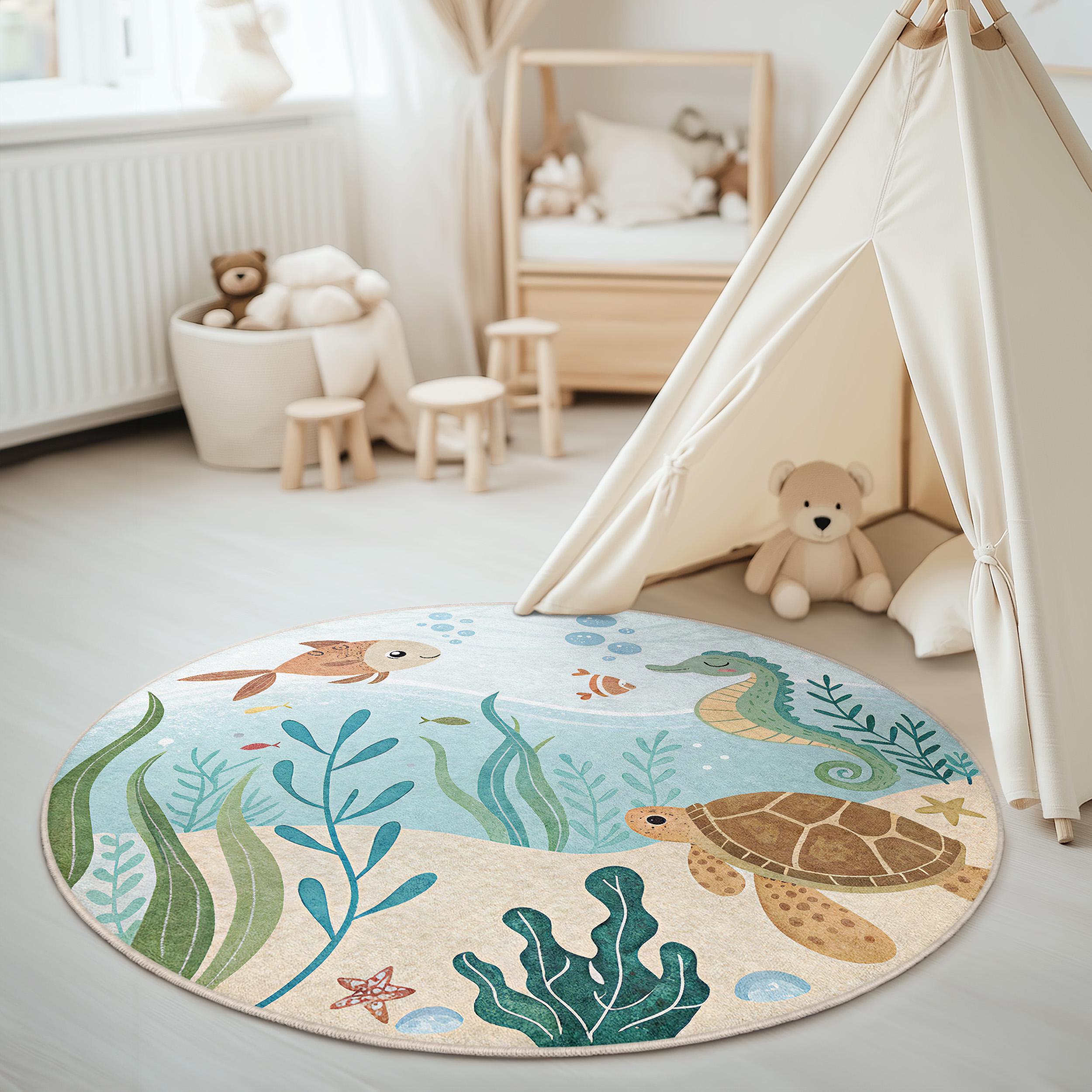Underwater Ocean Kids Round Rug - Sea Life Playroom Carpet - Marine ...