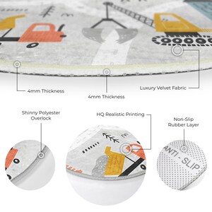 Rectangular kids area rug featuring a playful construction theme with illustrated cranes, dump trucks, and roadways on a light gray background, perfect for playrooms or nurseries