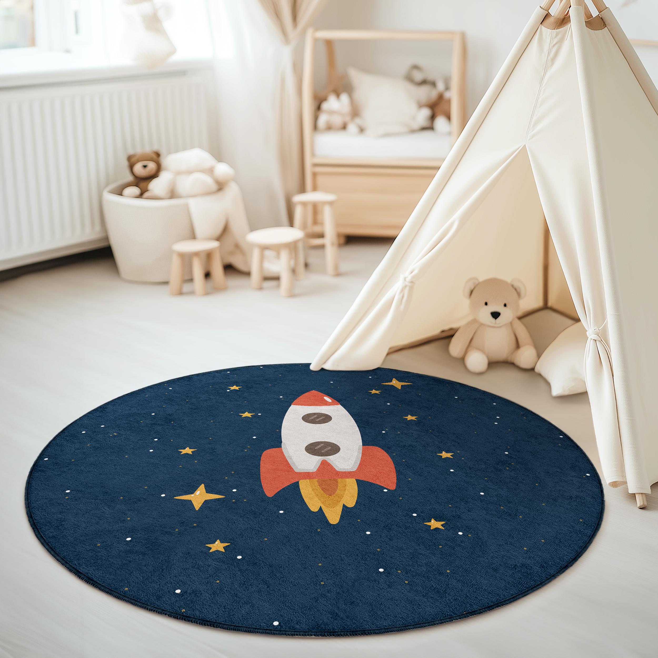 Rocket Circular Rug Rocket Space Kids Rug, Round & Rectangular Playroom Carpet for Toddler ...