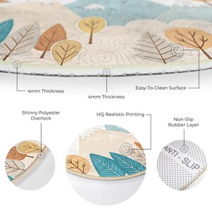 Versatile round rug available in multiple sizes, enhancing nursery corners, classroom spaces, or toddler play zones with a woodland motif