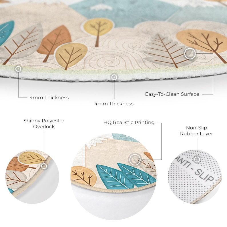 Versatile round rug available in multiple sizes, enhancing nursery corners, classroom spaces, or toddler play zones with a woodland motif