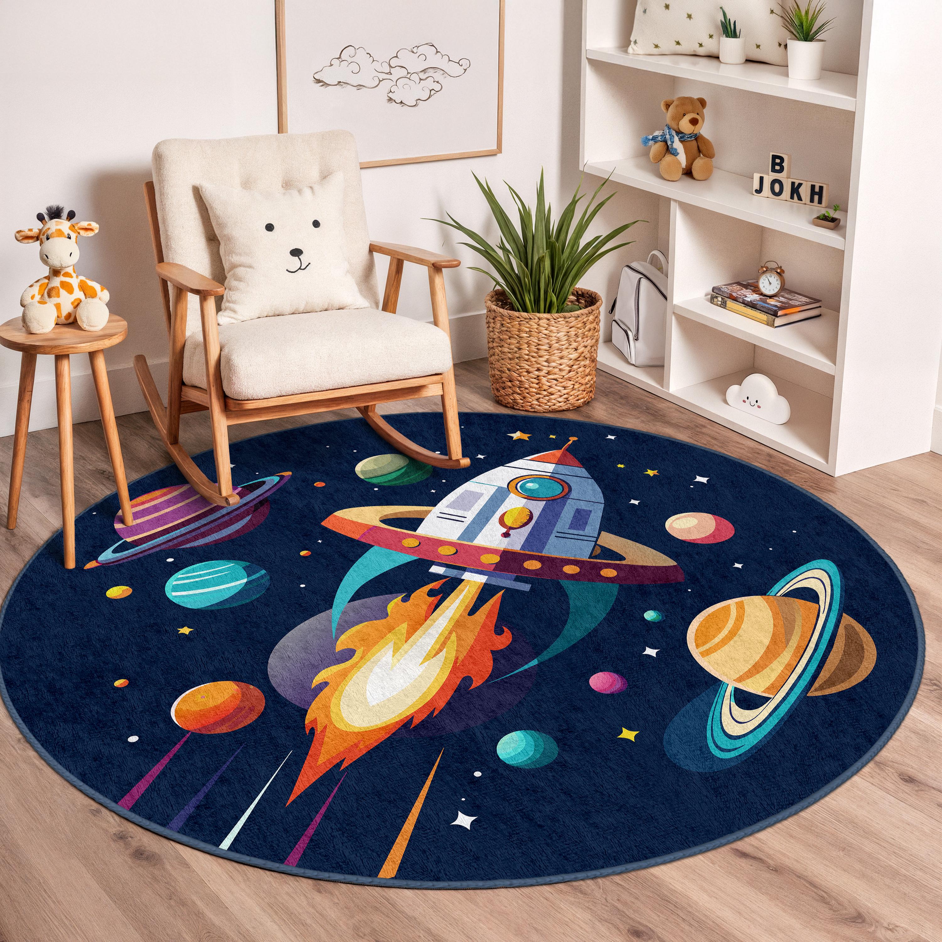 Rocket Circular Rug Astronaut Adventure Rug | Rocket Galaxy Nursery Carpet | Space ...