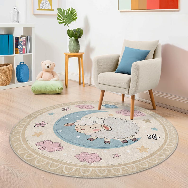 Baby Sleep Rug Sleeping Lamb Kids Round Rug - Moon and Stars Nursery Carpet - Soft ...