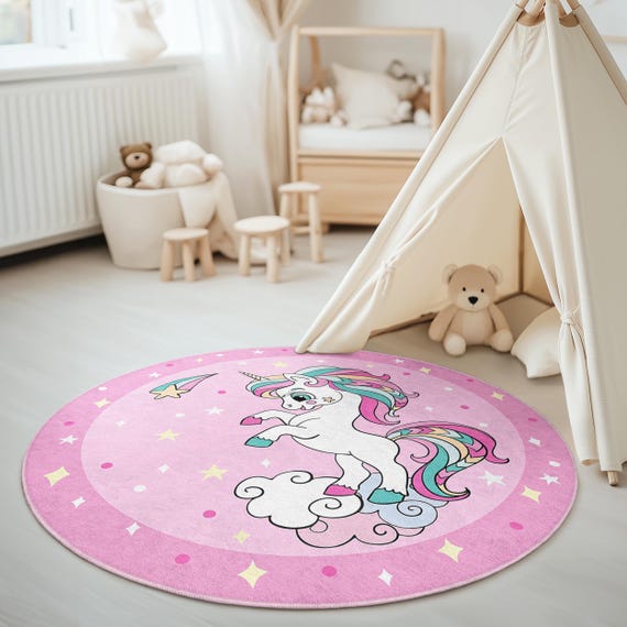 Starlight Dreams Unicorn Round Rug, Pink Nursery Carpet, Baby Girl