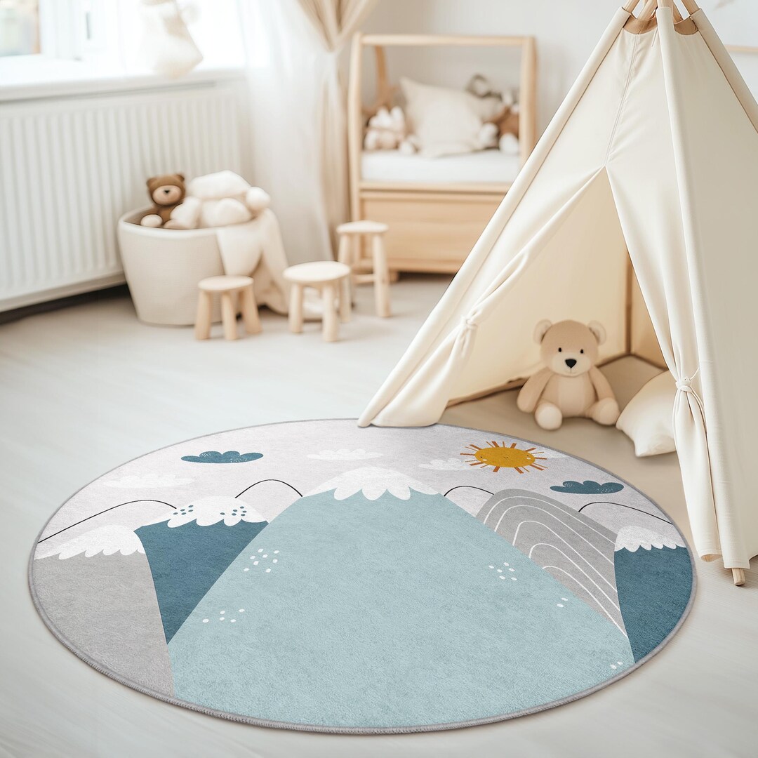 Mountain Landscape Round Kids Rug, Scandinavian Nursery Decor, Sun ...