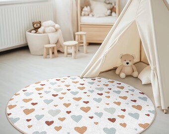 Sweet Hearts Nursery Rug, Heart Patterned Round Rug, Soft Pastel Kids Room Carpet, Baby Room Floor Mat, Girls Room Decor