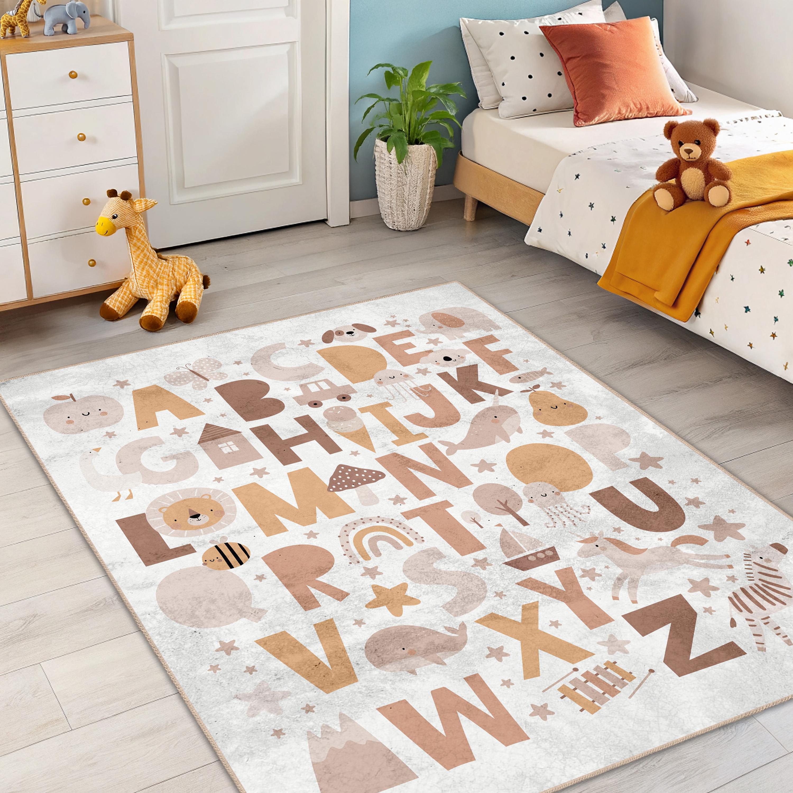 Alphabet Animals Kids Area Rug - Modern Neutral ABC Play Mat for ...