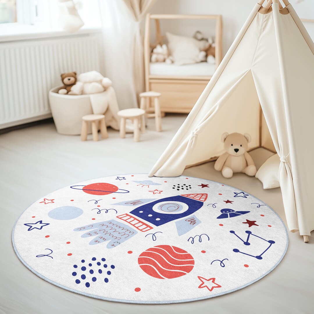 Retro Space Rocket Round Kids Rug, Navy Rocket With Planets UFO & Crown ...