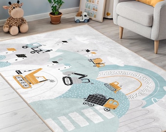 Construction Vehicles Play Scene Kids Rug, Excavator Truck & Bulldozer Illustration, Modern Playroom Area Rug for Kids Bedroom Decor