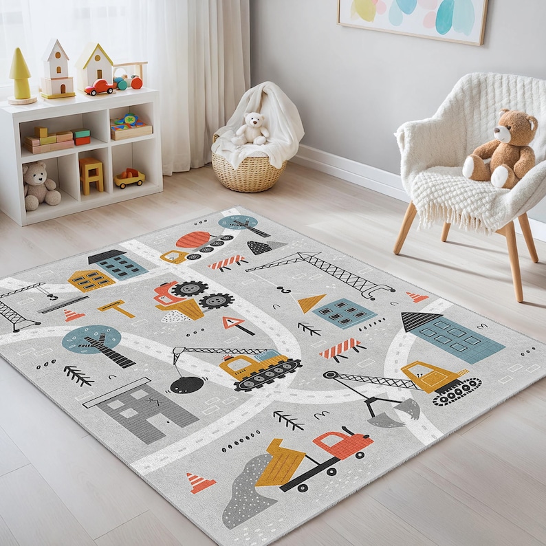 Non-slip kids rug with a detailed road layout and construction site graphics, ideal for safe and interactive play in nursery and toddler spaces
