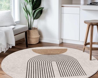 Modern Boho Round Rug with Abstract Arch and Geometric Shapes, Minimalist Circle Carpet for Living Room, Aesthetic Home Decor