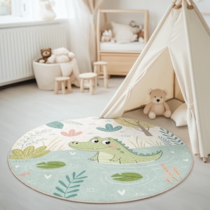 Cute Alligator Kids Round Rug - Jungle Theme Playroom Carpet - Swamp and Forest Nursery Mat - Green Crocodile Circle Rug