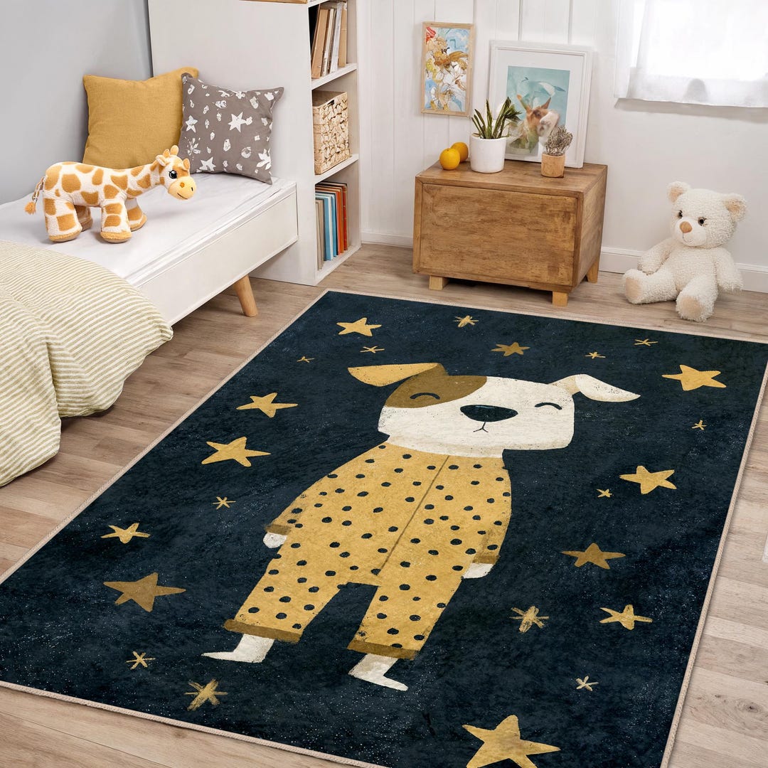 Sleepy Puppy Starry Night Kids Rug, Navy & Mustard Dog Pajamas Nursery ...