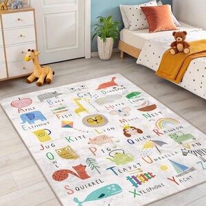 Tapete educacional infantil com animais do alfabeto - Tapete para berçário com aprendizagem do alfabeto - Tapete para sala de jogos com ilustração de animais coloridos - Decoração para quarto de criança