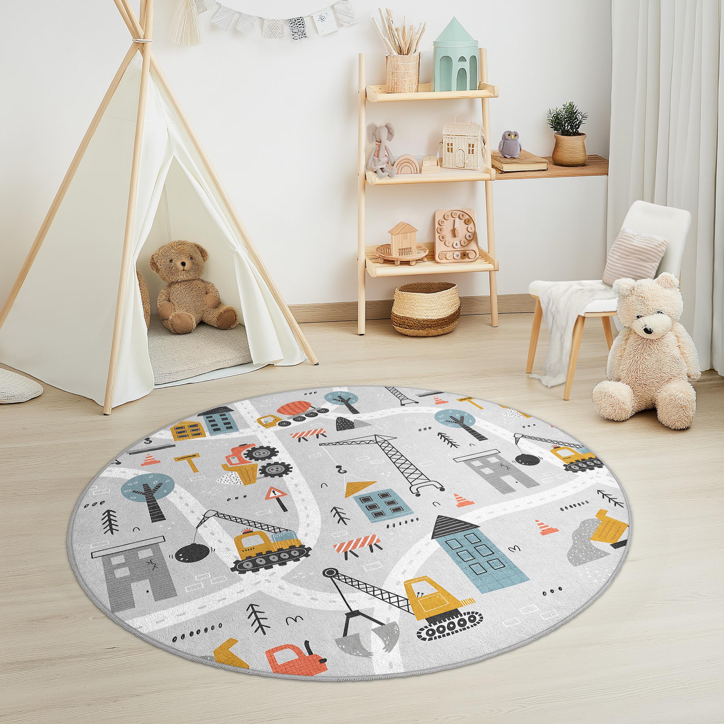 Round Construction Site Kids Rug - Building Trucks and Cranes Nursery ...