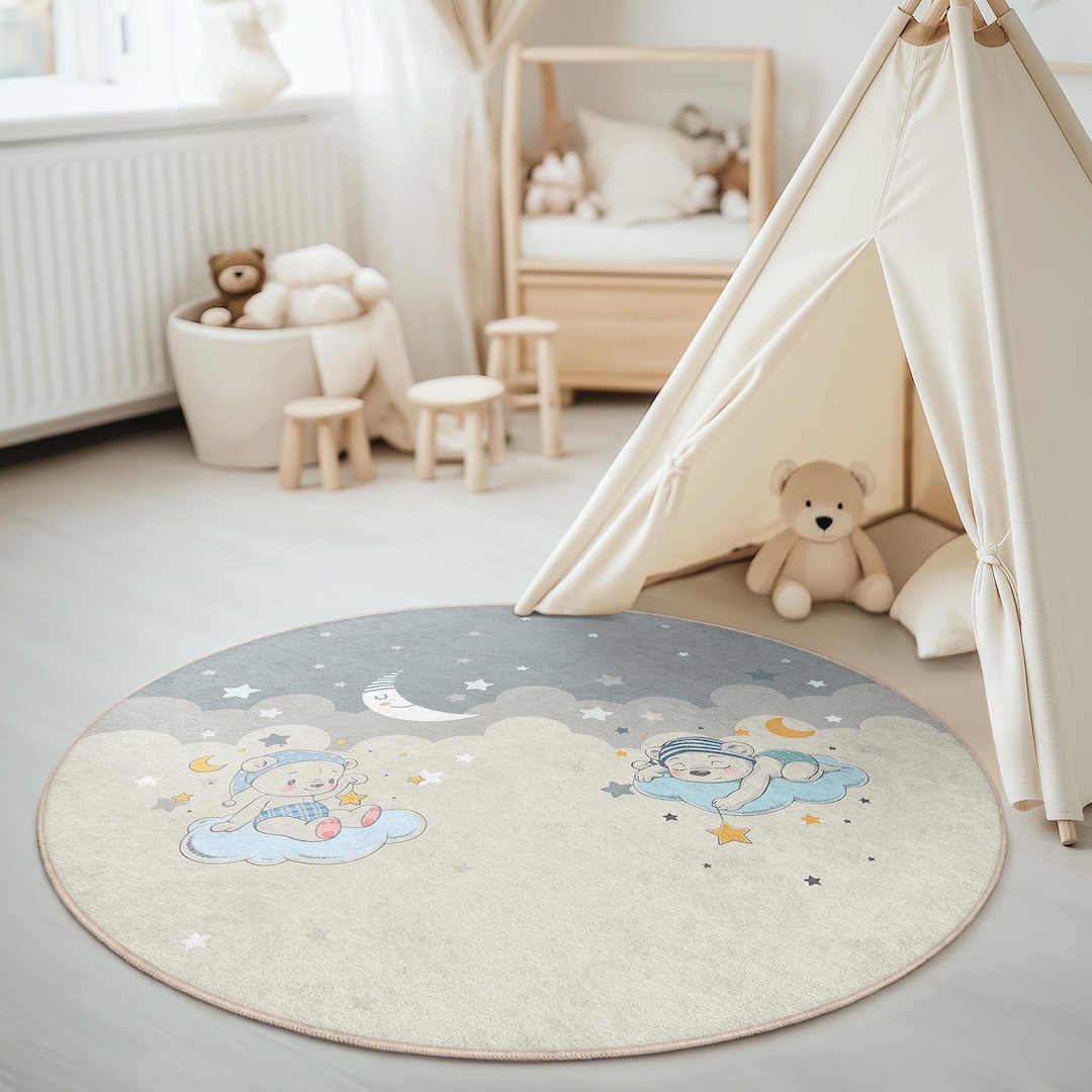 Babay Rugs Round Nursery Rug With Sleeping Baby Bears and Crescent Moon, Soft ...