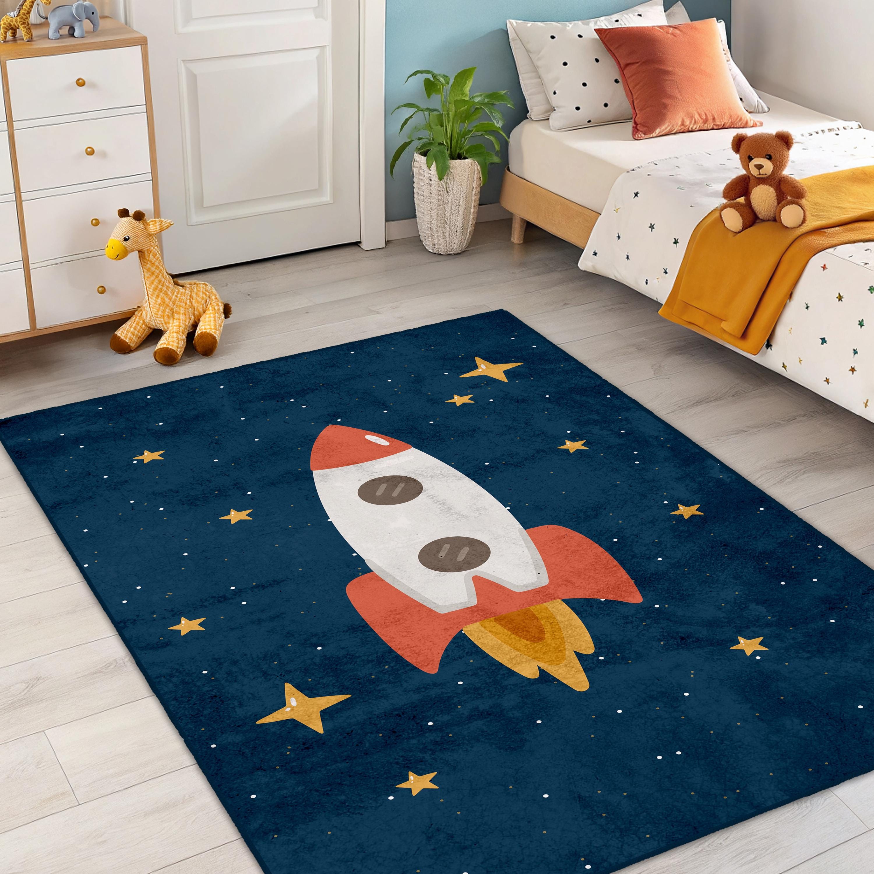 Rocket Circular Rug Rocket Space Kids Rug, Round & Rectangular Playroom Carpet for Toddler ...
