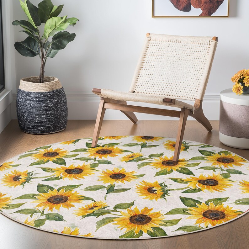 Sunflower Patterned Round Rug, Rugs for Kitchen, Anti-slip Circle ...