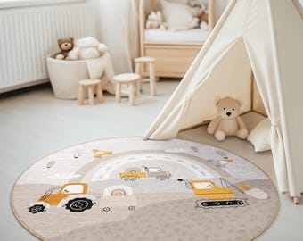 Construction Adventure Round Rug, Kids Construction Vehicles Nursery Rug, Cartoon Tractor Excavator Design, Farm Machinery Playroom Area Rug