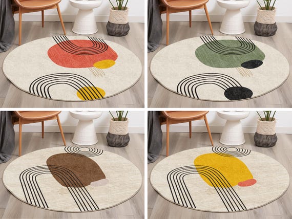 Abstract Style Round Rug, Rugs For Living Room, Minimalist Geometric Area Rugs, Line Art Decor, Mid Century Design Non-Slip Circle Carpet