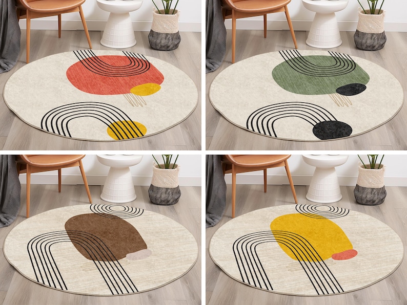 May include: Four round rugs with a cream background and black lines forming an arch shape. Each rug has a different colored shape in the center: red, green, brown, and yellow.