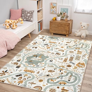 Boho Adventure Road Map Kids Area Rug - Neutral City Safari Play Carpet - Scandinavian Animals Traffic Playmat - Minimalist Nursery Decor