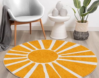 Retro Sunshine-matta, rund matta i modern stil från mitten av århundradet, vintage-sunburstdesign, gult och vitt, boho vardagsrumsinredning