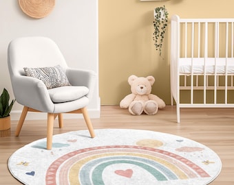 Pastel Rainbow Nursery Rug, Kids Room Round Area Rug, Baby Girl