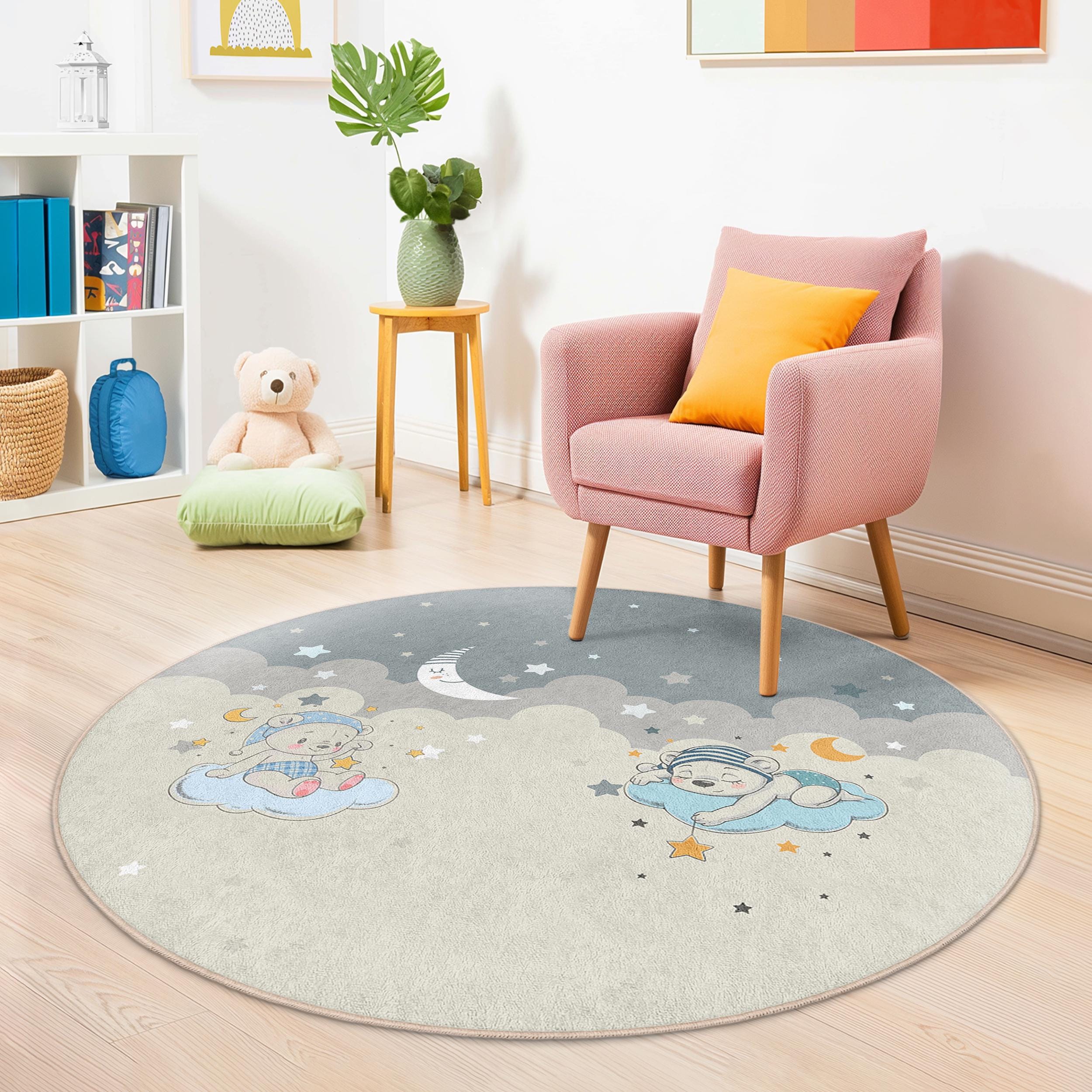 Round Nursery Rug With Sleeping Baby Bears and Crescent Moon, Soft ...